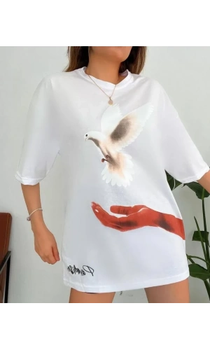 Bidebuvar Dijital Baskılı T-Shirt - Beyaz