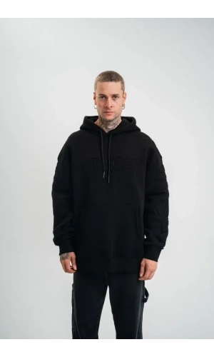 Bidebuvar Double Oversize Kapşonlu Nakışlı SweatShirt - Siyah