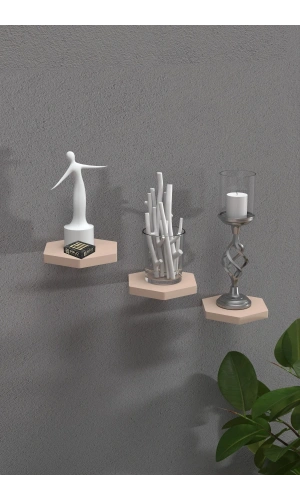 Bidebuvar Duvar Rafı Dekoratif 3 Adet Çiçeklik Altıgen Krem