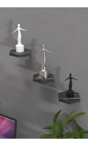 Bidebuvar Duvar Rafı Dekoratif 3 Adet Çiçeklik Altıgen Siyah Mermer Desen