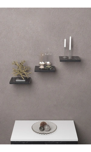 Bidebuvar Duvar Rafı Dekoratif 3 Adet Çiçeklik Kare Siyah Mermer Desen