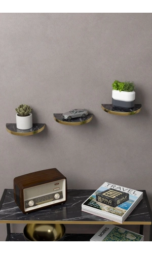 Bidebuvar Duvar Rafı Dekoratif 3 Adet Çiçeklik Oval Altın Bendir