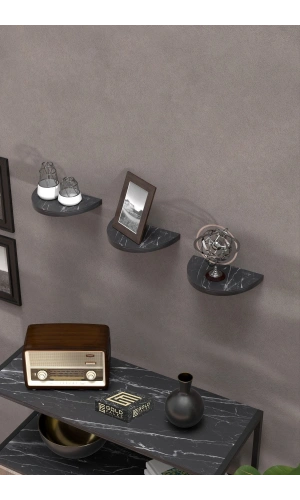 Bidebuvar Duvar Rafı Dekoratif 3 Adet Çiçeklik Oval Siyah Mermer Desen