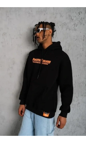 Bidebuvar Erkek Armalı Baskılı Kapüşonlu Sweatshirt - Siyah