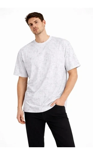 Bidebuvar Erkek Asit Yıkama Bisiklet Yaka Kısa Kollu Oversize T-Shirt Tişört - Beyaz