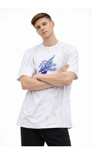 Bidebuvar Erkek Asit Yıkamalı Oversize Tişört Future Worlds Baskılı Bisiklet Yaka Kısa Kollu Streetwear %100 Pamuk Street Style T-Shirt - Beyaz