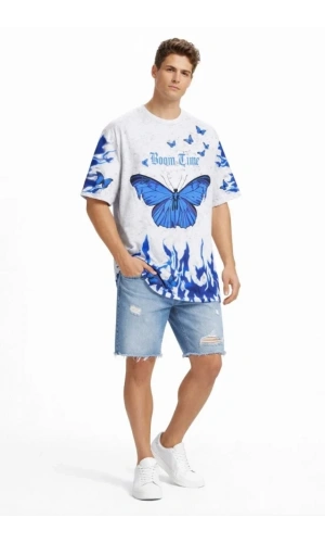 Bidebuvar Erkek Asit Yıkamalı Oversize Tişört Mavi Kelebek Baskılı Dijital Print Bisiklet Yaka Streetwear T-Shirt - Beyaz