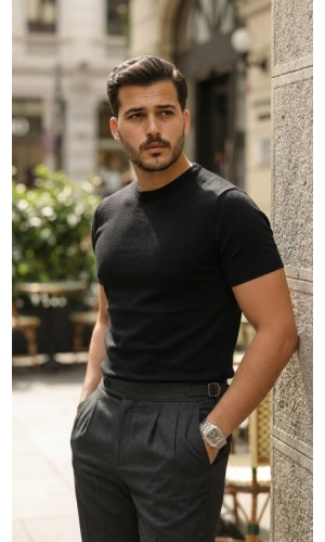 Bidebuvar Erkek Basic Bisiklet Yaka Kısa Kollu Triko Tişört - %100 Pamuk Akrilik