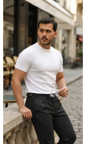 Bidebuvar Erkek Basic Bisiklet Yaka Kısa Kollu Triko Tişört - %100 Pamuk Akrilik