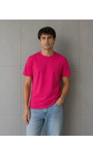 Bidebuvar Erkek Basic Pamuklu Tişört Bisiklet Yaka Düz Renk Regular Fit T-Shirt - Fuşya