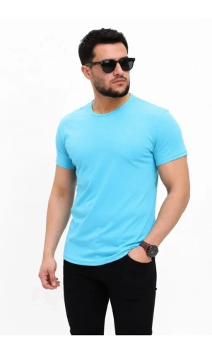 Bidebuvar Erkek Basic Tişört Bisiklet Yaka Kısa Kol Günlük Yazlık Slim Fit T-Shirt - Açık Mavi