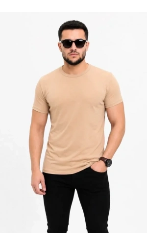 Bidebuvar Erkek Basic Tişört Bisiklet Yaka Kısa Kol Günlük Yazlık Slim Fit T-Shirt - Bej
