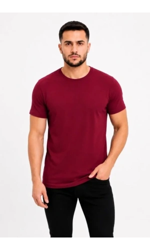 Bidebuvar Erkek Basic Tişört Bisiklet Yaka Kısa Kol Günlük Yazlık Slim Fit T-Shirt - Bordo
