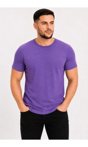 Bidebuvar Erkek Basic Tişört Bisiklet Yaka Kısa Kol Günlük Yazlık Slim Fit T-Shirt - Mor