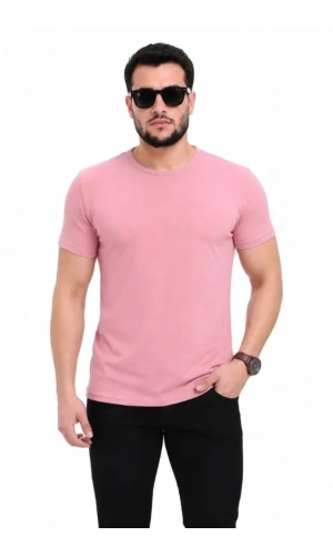 Bidebuvar Erkek Basic Tişört Bisiklet Yaka Kısa Kol Günlük Yazlık Slim Fit T-Shirt - Pembe