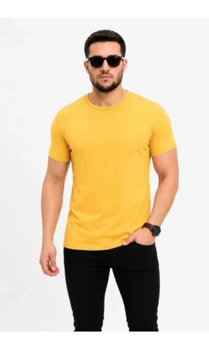 Bidebuvar Erkek Basic Tişört Bisiklet Yaka Kısa Kol Günlük Yazlık Slim Fit T-Shirt - Sarı