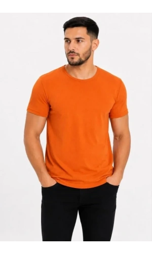 Bidebuvar Erkek Basic Tişört Bisiklet Yaka Kısa Kol Günlük Yazlık Slim Fit T-Shirt - Turuncu