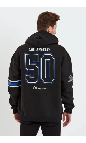 Bidebuvar Erkek Baskılı Kapşonlu Üç Iplik Oversize Sweatshirt - Siyah