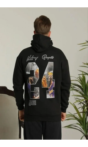 Bidebuvar Erkek Baskılı Oversize Üç İplik Kapüşonlu Sweatshirt - Siyah
