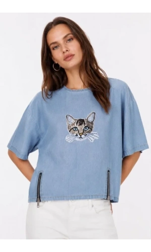Bidebuvar Erkek Baskılı T-Shirt Kısa Kol Bisiklet Yaka Rahat Kalıp Tişört - Mavi