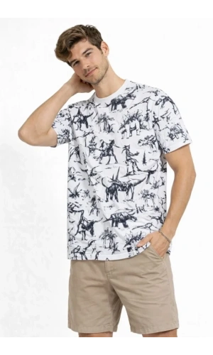 Bidebuvar Erkek Beyaz Dinozor Desenli Tişört – Regular Fit, Bisiklet Yaka, Dijital Baskılı Pamuklu T-Shirt - Beyaz