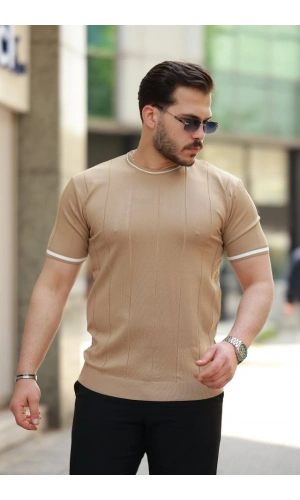 Bidebuvar Erkek Bisiklet Yaka çizgi Desenli Ribanalı Kısa Kollu Tshirt