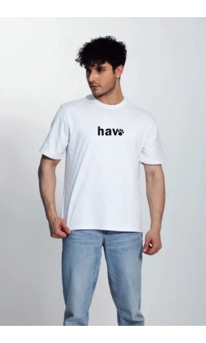 Bidebuvar Erkek Bisiklet Yaka Kısa Kol Hav Baskılı T-shirt - Beyaz