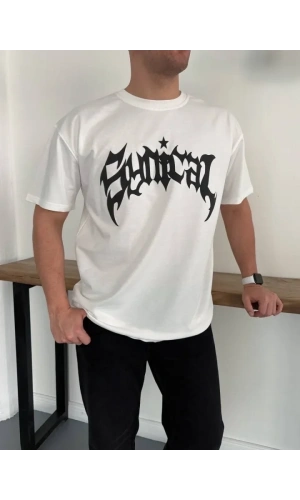 Bidebuvar Erkek Bisiklet Yaka Ön Baskılı Kısa Kollu Tişört Streetwear Günlük Basic Pamuklu T-shirt - Beyaz