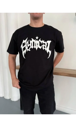 Bidebuvar Erkek Bisiklet Yaka Ön Baskılı  Kısa Kollu Tişört Streetwear Günlük Basic Pamuklu T-shirt - Siyah