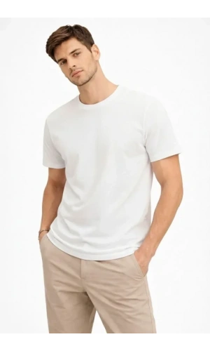 Bidebuvar Erkek Bisiklet Yaka Tişört Regular Kalıp Basic Pamuklu Günlük Kullanım T-shirt - Beyaz