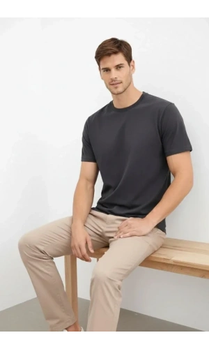 Bidebuvar Erkek Bisiklet Yaka Tişört Regular Kalıp Basic Pamuklu Günlük Kullanım T-shirt - Füme