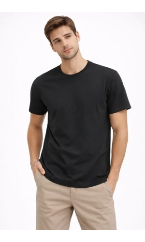 Bidebuvar Erkek Bisiklet Yaka Tişört Regular Kalıp Basic Pamuklu Günlük Kullanım T-shirt - Siyah