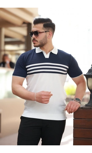 Bidebuvar Erkek çizgi Desenli Yakalı Kısa Kollu T-shirt