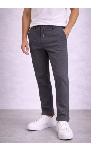 Bidebuvar Erkek Diagonel Mikro Dokulu Duble Paça Cepli Pantolon Bağcıklı Bel, Modern Kesim - Füme