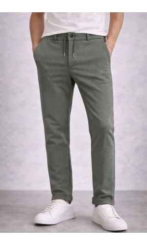 Bidebuvar Erkek Diagonel Mikro Dokulu Duble Paça Cepli Pantolon Bağcıklı Bel, Modern Kesim - Haki