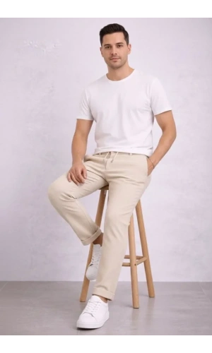 Bidebuvar Erkek Diagonel Mikro Dokulu Duble Paça Cepli Pantolon Bağcıklı Bel, Modern Kesim - Krem