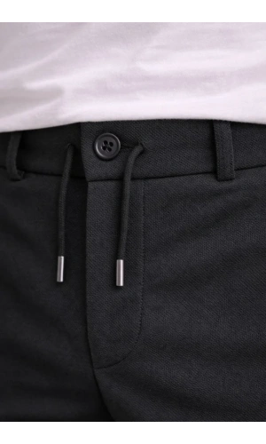 Bidebuvar Erkek Diagonel Mikro Dokulu Duble Paça Cepli Pantolon Bağcıklı Bel, Modern Kesim - Siyah