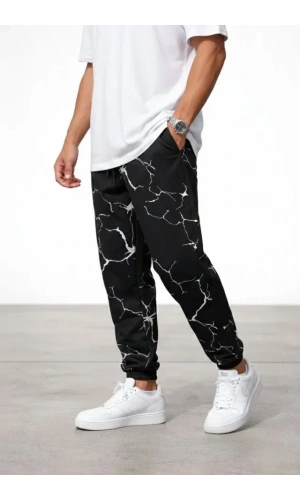 Bidebuvar Erkek Dijital Baskılı Eşofman Altı Kışlık Üç İplik Şardonlu Kumaş Lastikli Paça, Cepli, Rahat Kalıp - Siyah