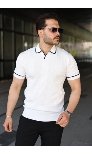 Bidebuvar Erkek Dokulu Desen Yakalı Kısa Kollu Tişört