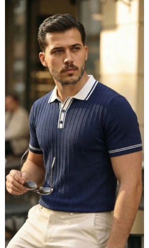 Bidebuvar Erkek Düğme Yakalı Kontrast Yaka Triko Tişört