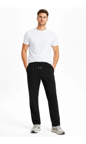 Bidebuvar Erkek Düz Paça Beli Lastikli İpli Günlük Spor Eşofman Altı Rahat Fit - Siyah