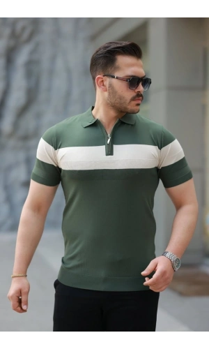 Bidebuvar Erkek Fermuar Yakalı şerit Renk Desenli Kısa Kollu Tişört