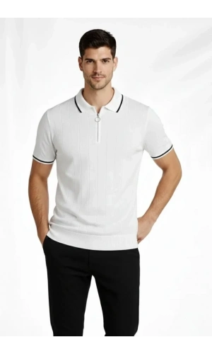 Bidebuvar Erkek Fermuarlı Yaka Fitilli Triko Kısa Kollu Regular Fit Tişört T-shirt - Beyaz