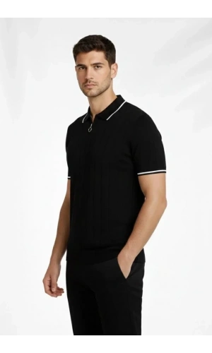 Bidebuvar Erkek Fermuarlı Yaka Fitilli Triko Kısa Kollu Regular Fit Tişört T-shirt - Siyah