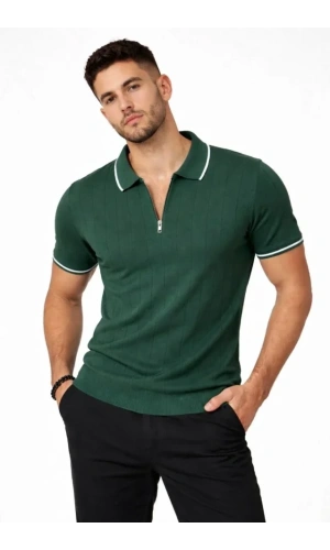 Bidebuvar Erkek Fermuarlı Yaka Fitilli Triko Kısa Kollu Regular Fit Tişört T-shirt - Yeşil