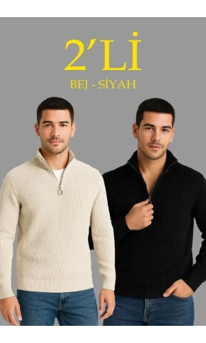 Bidebuvar Erkek Fitilli Triko Kazak 2’li Set – Siyah - Bej Kalın Dokuma Pamuklu Regular Fit V Yaka Fermuarlı Uzun Kollu Rahat Kışlık Kazak Kombini