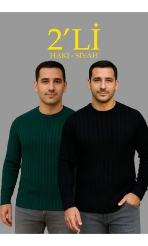 Bidebuvar Erkek Fitilli Triko Kazak 2’li Set Siyah Haki Kalın Dokuma Pamuklu Regular Fit Bisiklet