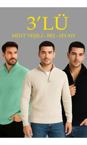 Bidebuvar Erkek Fitilli Triko Kazak 3’lü Set – Mint Yeşili, Siyah, Bej Kalın Dokuma Pamuklu Regular Fit V Yaka Fermuarlı Uzun Kollu Rahat Kışlık Kazak Kombini
