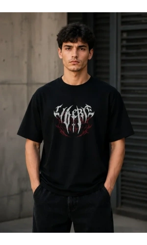 Bidebuvar Erkek Gotik Yazı Baskılı Oversize Bisiklet Yaka T-Shirt - Siyah
