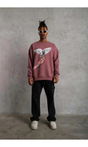 Bidebuvar Erkek Güvercin Baskılı Sweatshirt - Gül Kurusu